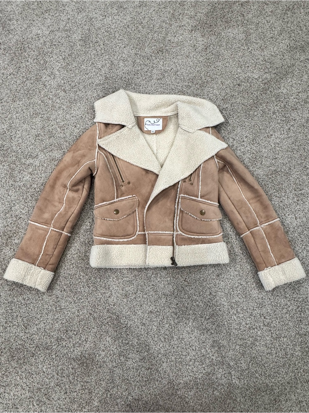 Women's Tan Suede Teddy Jacket with Cream Shearling Trim
